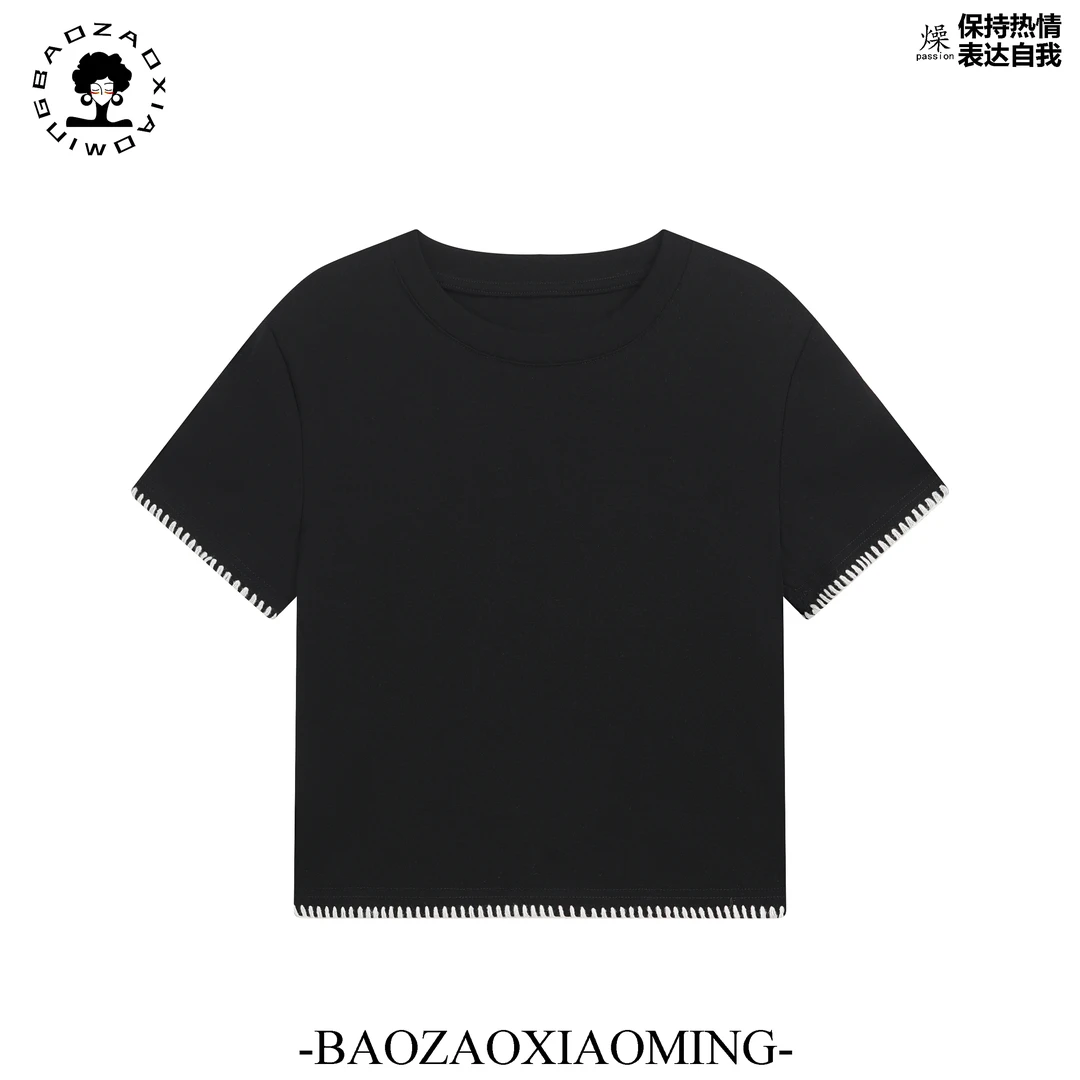 暴躁小明  圆领短袖编织明线设计春季新款修身显瘦撞色上衣/29301