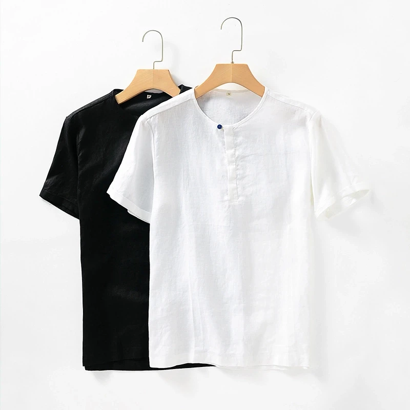 2025年夏季新款亚麻男装休闲圆领亚麻短袖时尚吸汗透气亚麻T恤