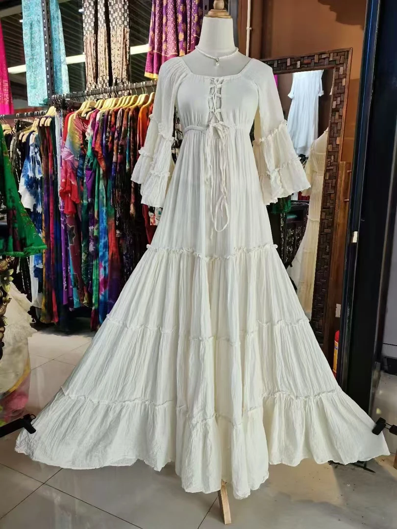 泰国波西米亚风生态棉连衣裙荷叶边设计质感长裙显瘦时尚