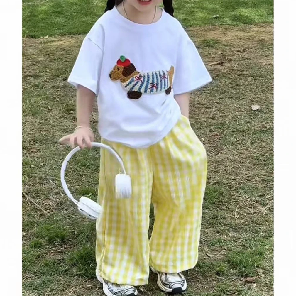 K3335 童装！韩系腊肠狗毛巾绣短袖格纹长裤套装 Q457-25061201