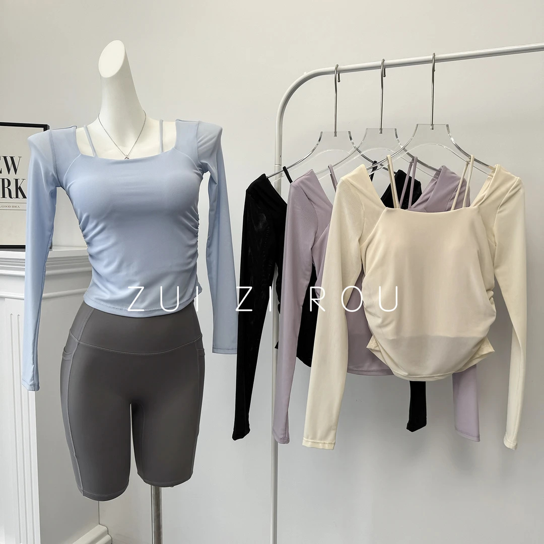 网纱瑜伽服女2025新款长袖高级感春秋运动普拉提健身服上衣带胸垫