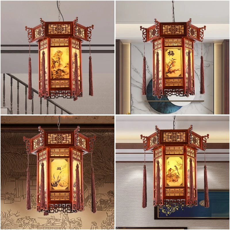 中式吊灯仿古寺庙走廊灯实木酒楼包间羊皮灯具中国风宫廷古典灯笼