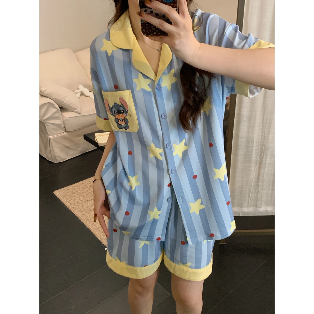 睡衣女夏季纯棉短袖可爱星星史迪仔印花条纹慵懒可外穿家居服套装