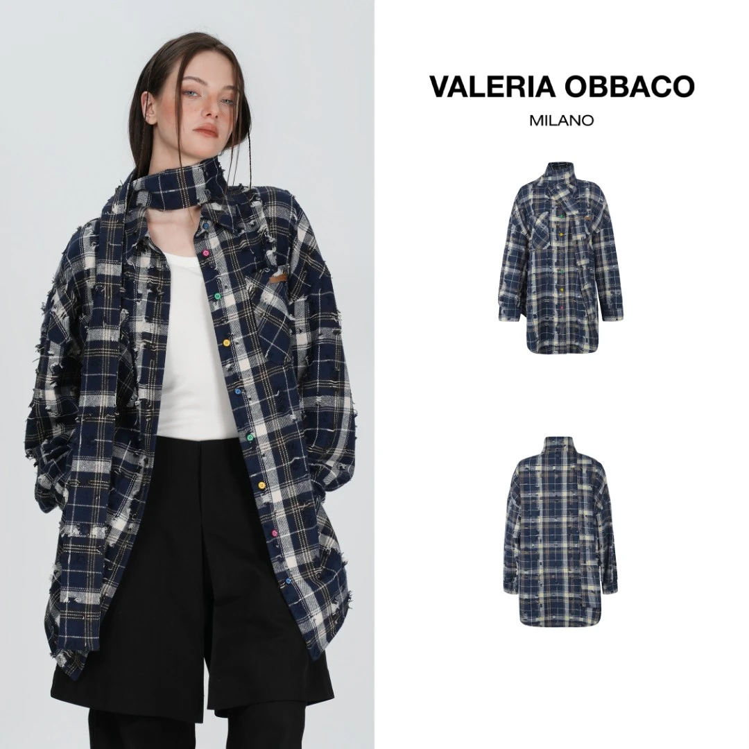 VALERIAOBBACO时尚休闲长袖2025秋季新款VO蓝色格纹飘带衬衫