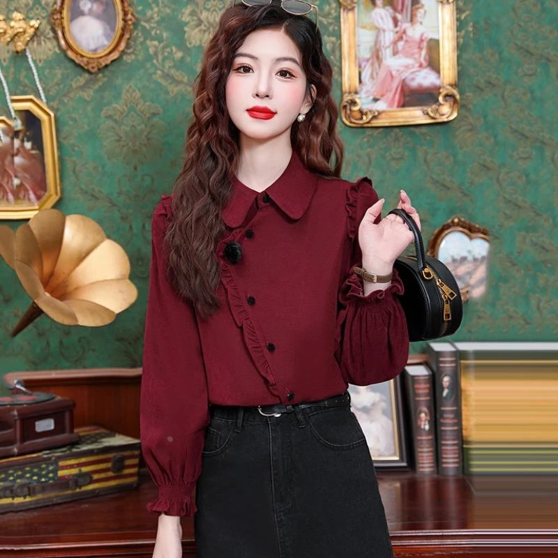 单排扣木耳边女士衬衫秋冬季新款加厚磨毛红色衬衫长袖气质上衣