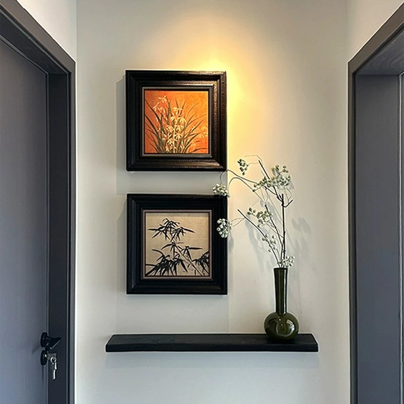 中古风竹子兰花图玄关过道组合挂画黑色置物架壁挂走廊尽头装饰画