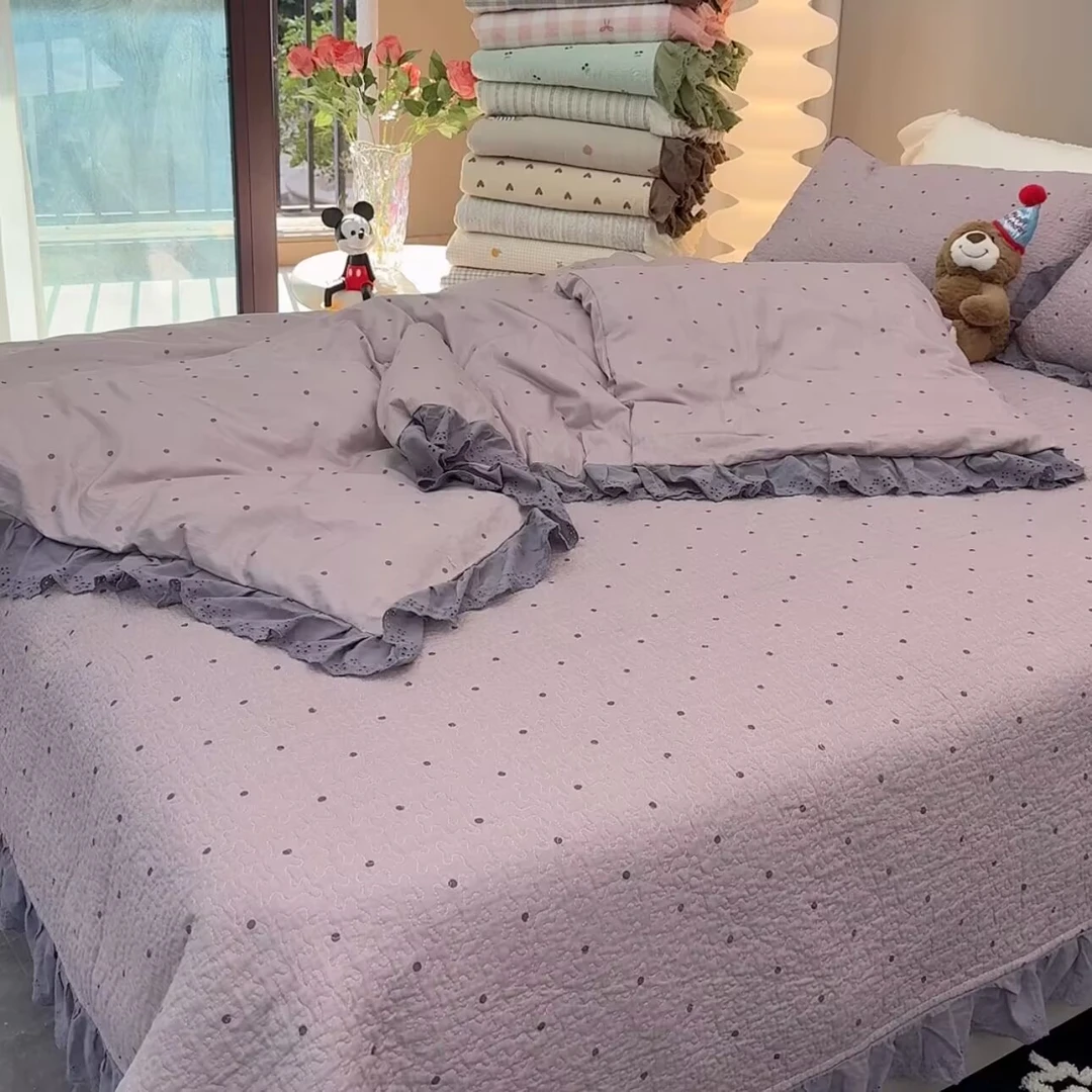 法式纯棉床盖四件套四季床盖加大床盖防滑床单夹棉绗缝棉花床盖