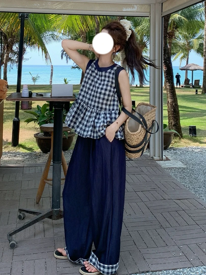 【安心推荐】慵懒风格子半袖背心阔腿裤套装新款韩系夏日高级感