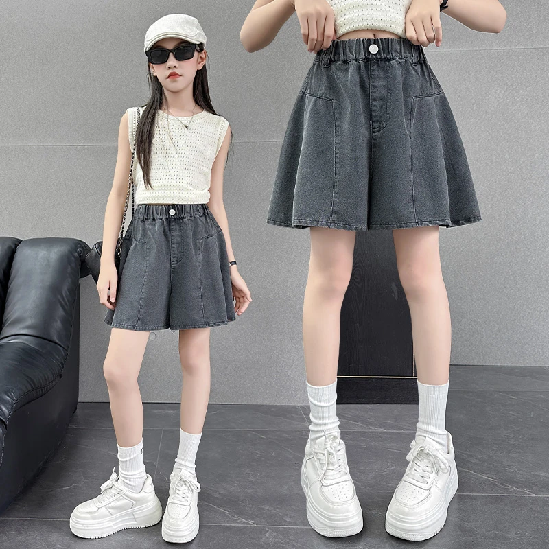 女童夏季薄款黑色拼接裙裤夏装新款儿童女孩热裤夏装外穿牛仔短裤