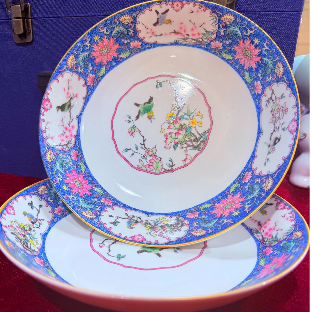 【王家陶瓷】8英寸宝蓝开窗花鸟盘-zXD