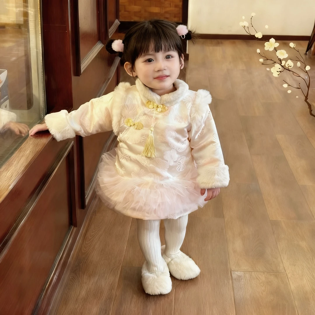 唐装中国风旗袍裙加厚拜年服女宝宝周岁宝宝周岁礼服汉服连衣裙冬