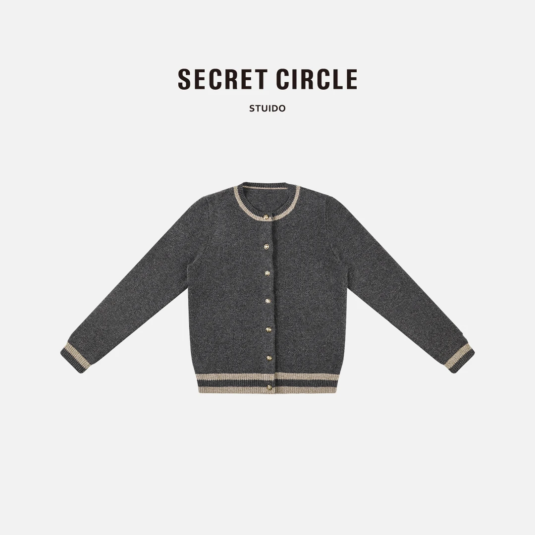 SECRET CIRCLE·秘社 秋冬撞色边长袖毛针织衫深灰色开衫19793