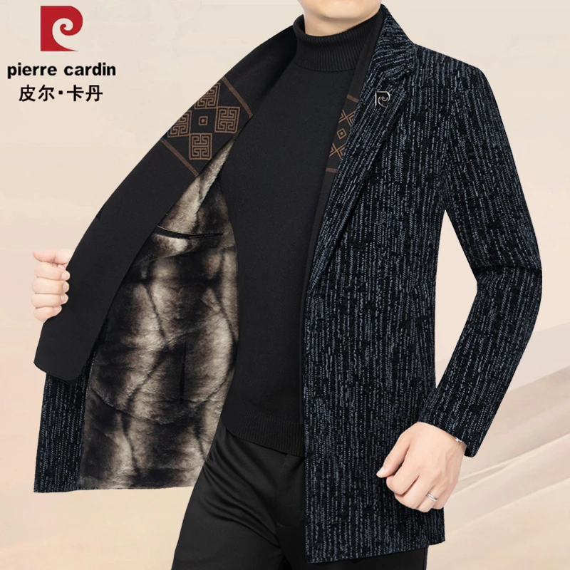 皮尔卡丹男装小西服外套秋冬季围巾领小西装男士加绒加厚休闲上衣