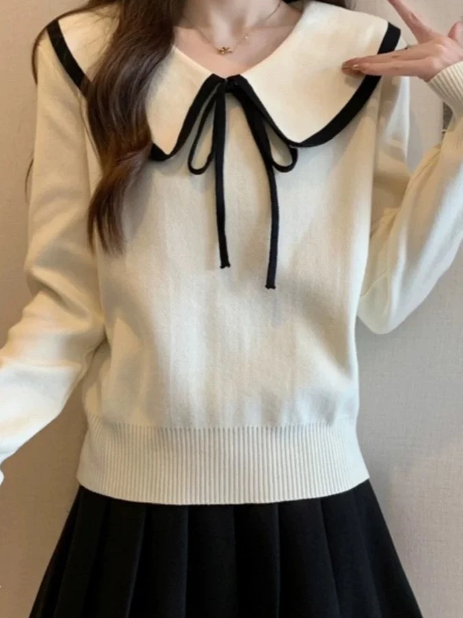 9087新款秋季韩版蝴蝶结娃娃领毛针织衫宽松上衣