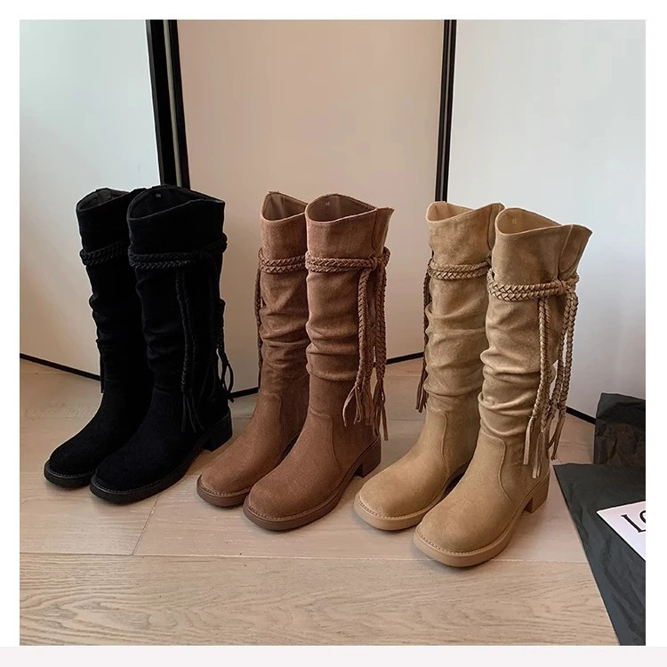 复古圆头废土骑士秋款女2025年新款粗跟瘦瘦2025今年流行鞋子长筒