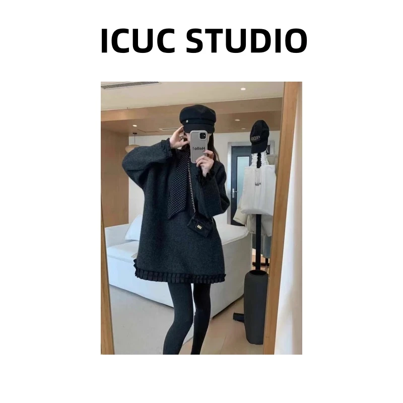 ICUC定制-【百褶花边拼接圆领卫衣】冬季新款时尚宽松百搭上衣9991