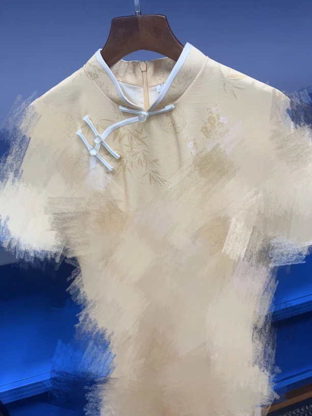 V-3006 江月黄 十字嘛 奥黛 新中式夏款年轻款改良旗袍120cm长款