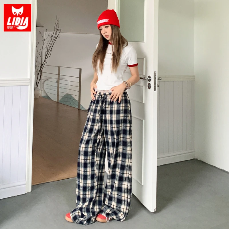 美式复古蕾丝花边格子裤子女夏新款薄款高腰显瘦抽绳阔腿休闲长裤