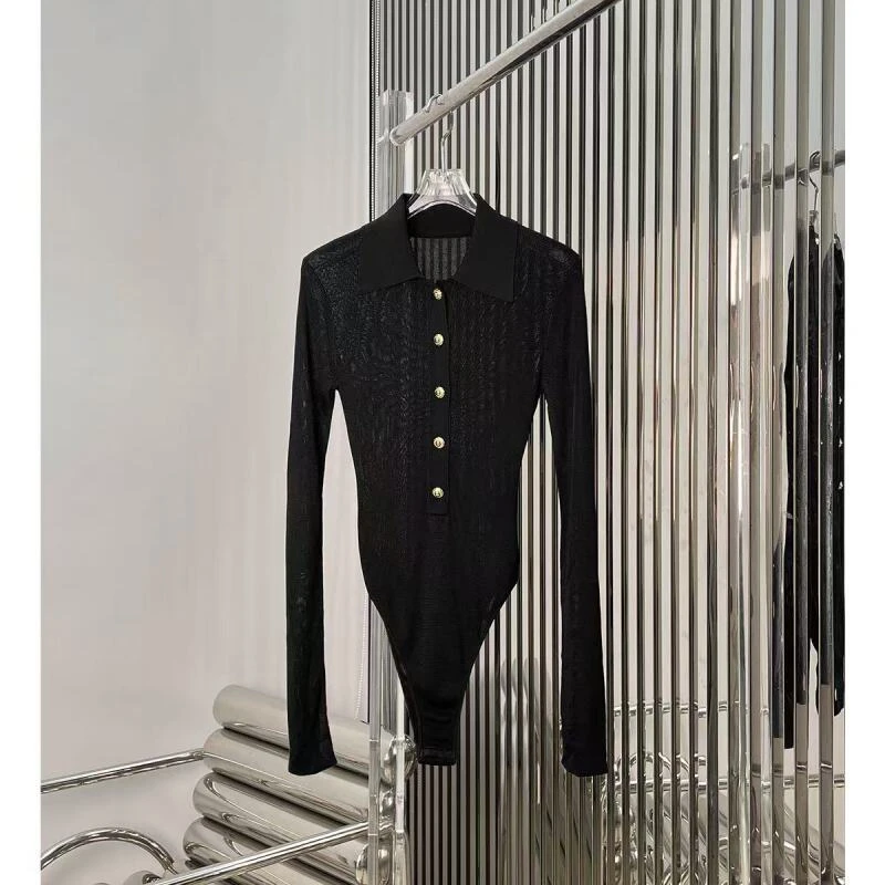 孙千同款 经典黑POLO领修身显瘦连体针织打底衣