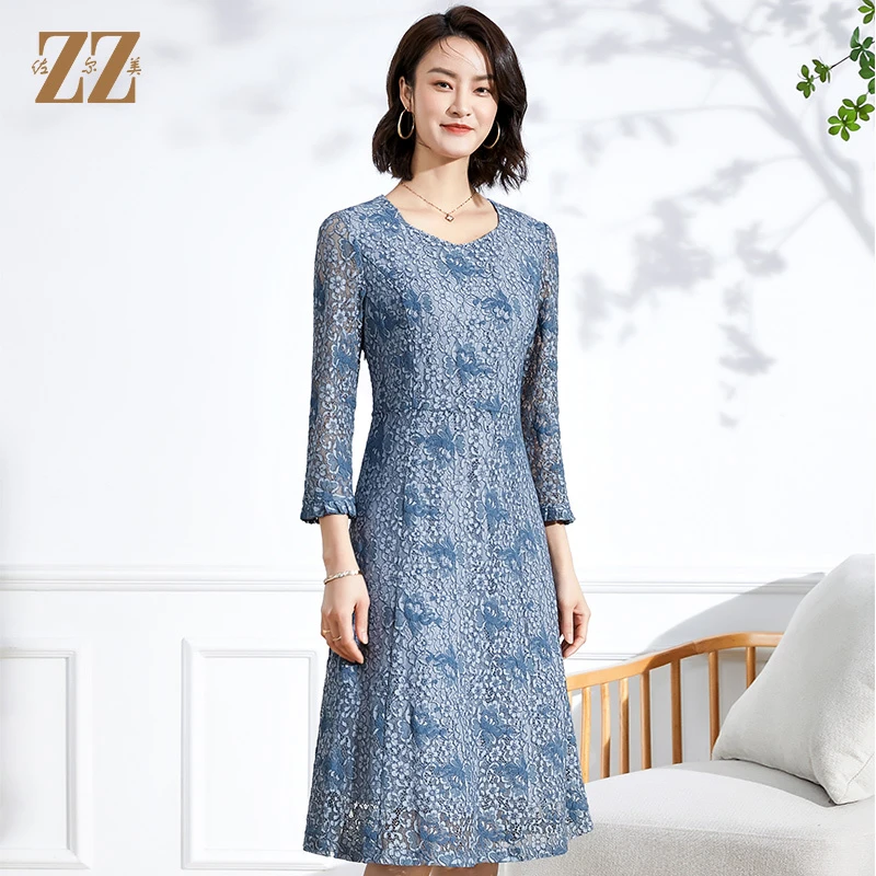 佐尔美2022春夏新款 蕾丝网纱7分袖收腰绣花中长连衣裙女E13LL37
