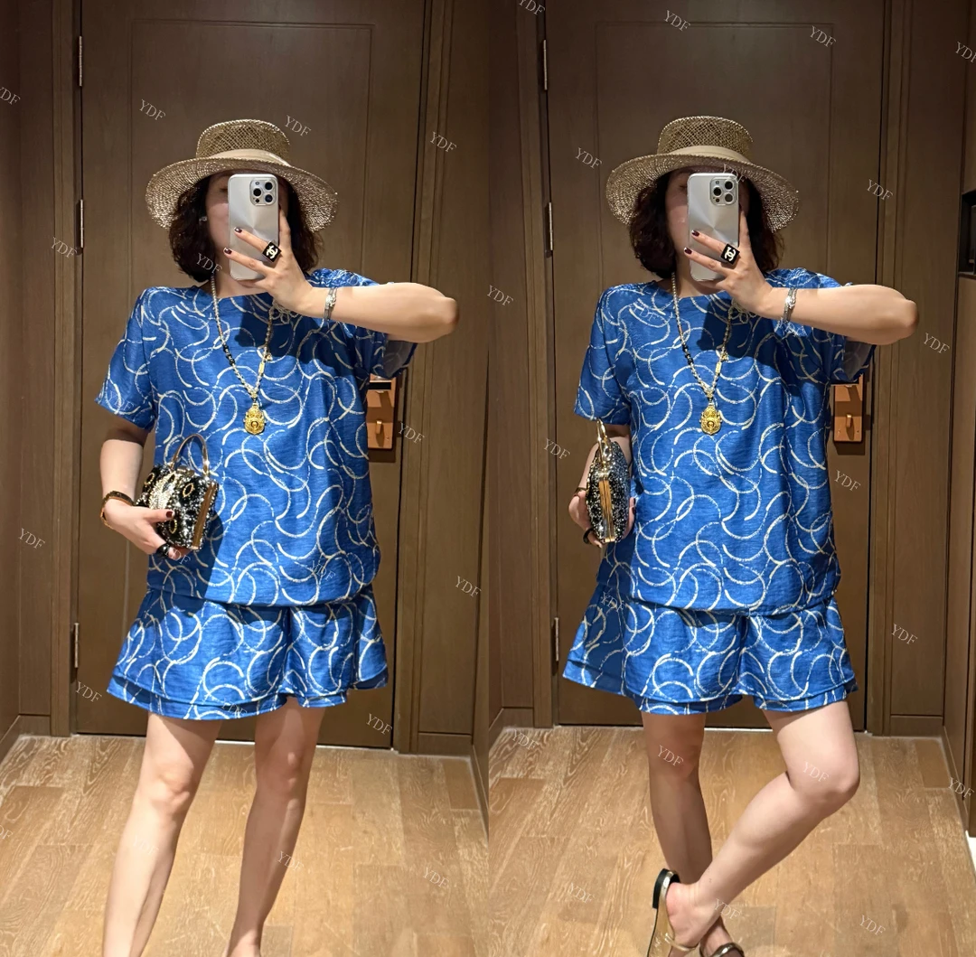 YDFSTUDIO小众【蓝色星球】欧货高品重工撞色花纹设计上衣+短裤套装