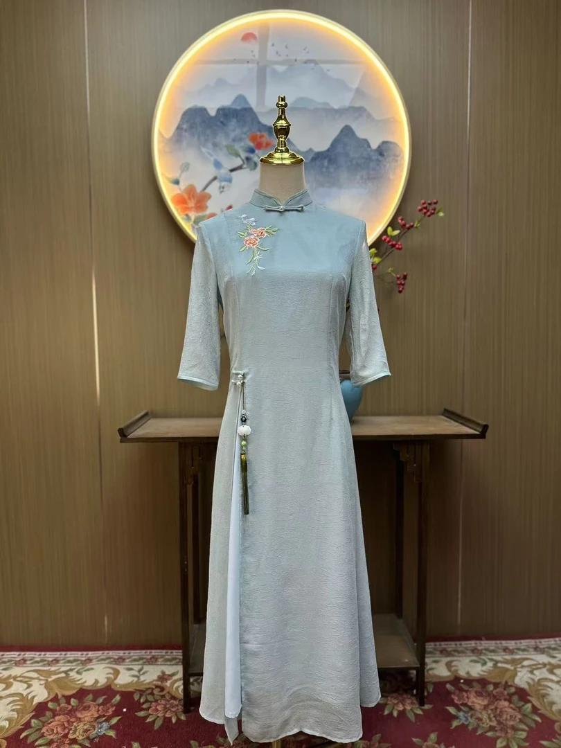 水仙 米蓝国风日常气质优雅显瘦长款奥黛改良旗袍