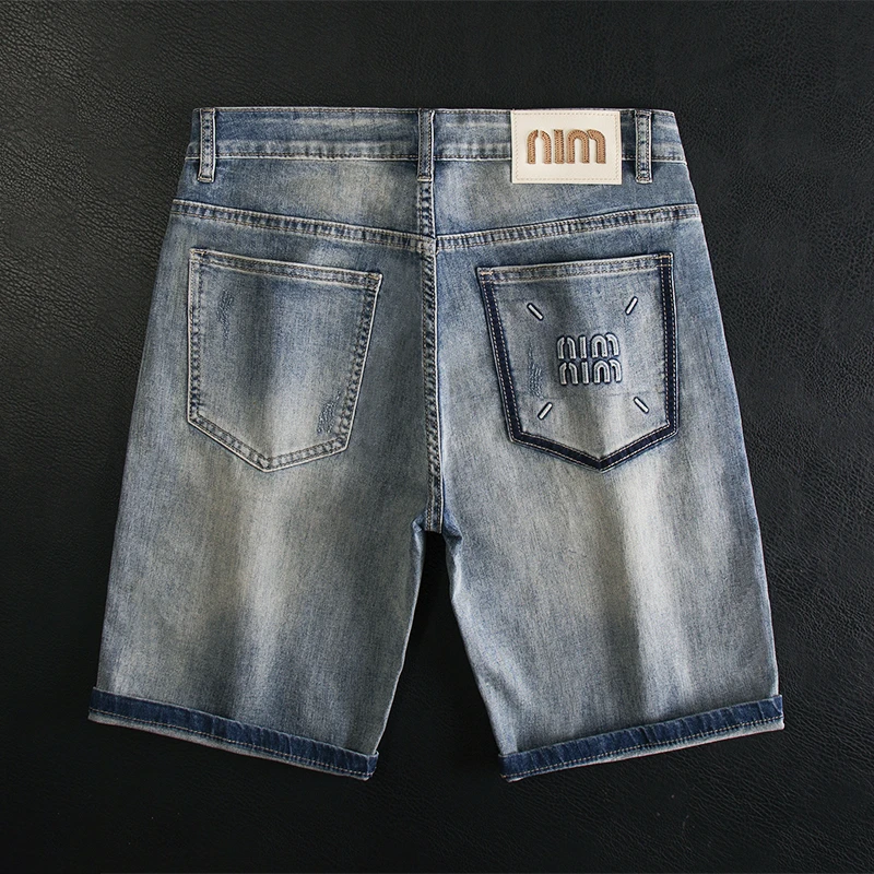 压花浅色牛仔短裤男士夏季薄款弹力直筒马裤休闲百搭潮牌五分中裤