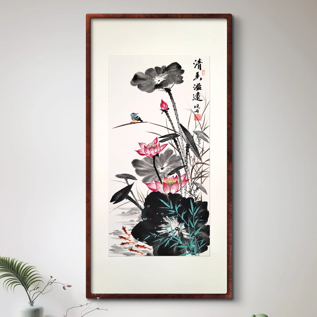 清香溢远手绘荷花图已装裱含框48*92cm