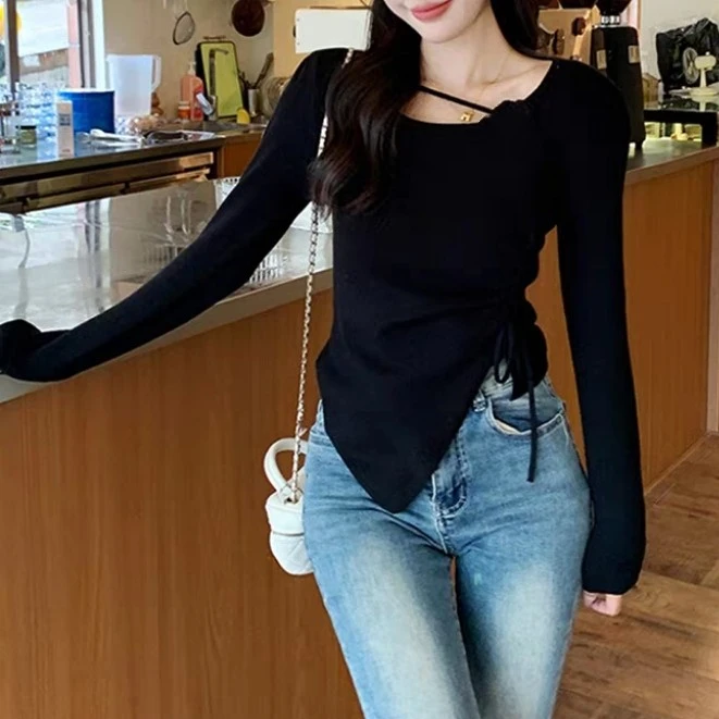 大码设计感不规则长袖t恤女春季独特别致内搭打底衫胖mm显瘦上衣