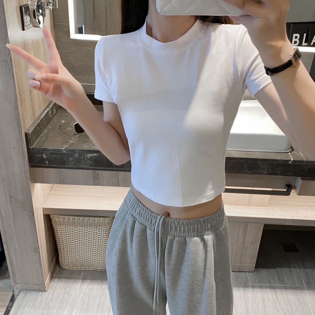 美式高街纯色修身显瘦小高领t恤短袖夏季辣妹短款春游出行衣服