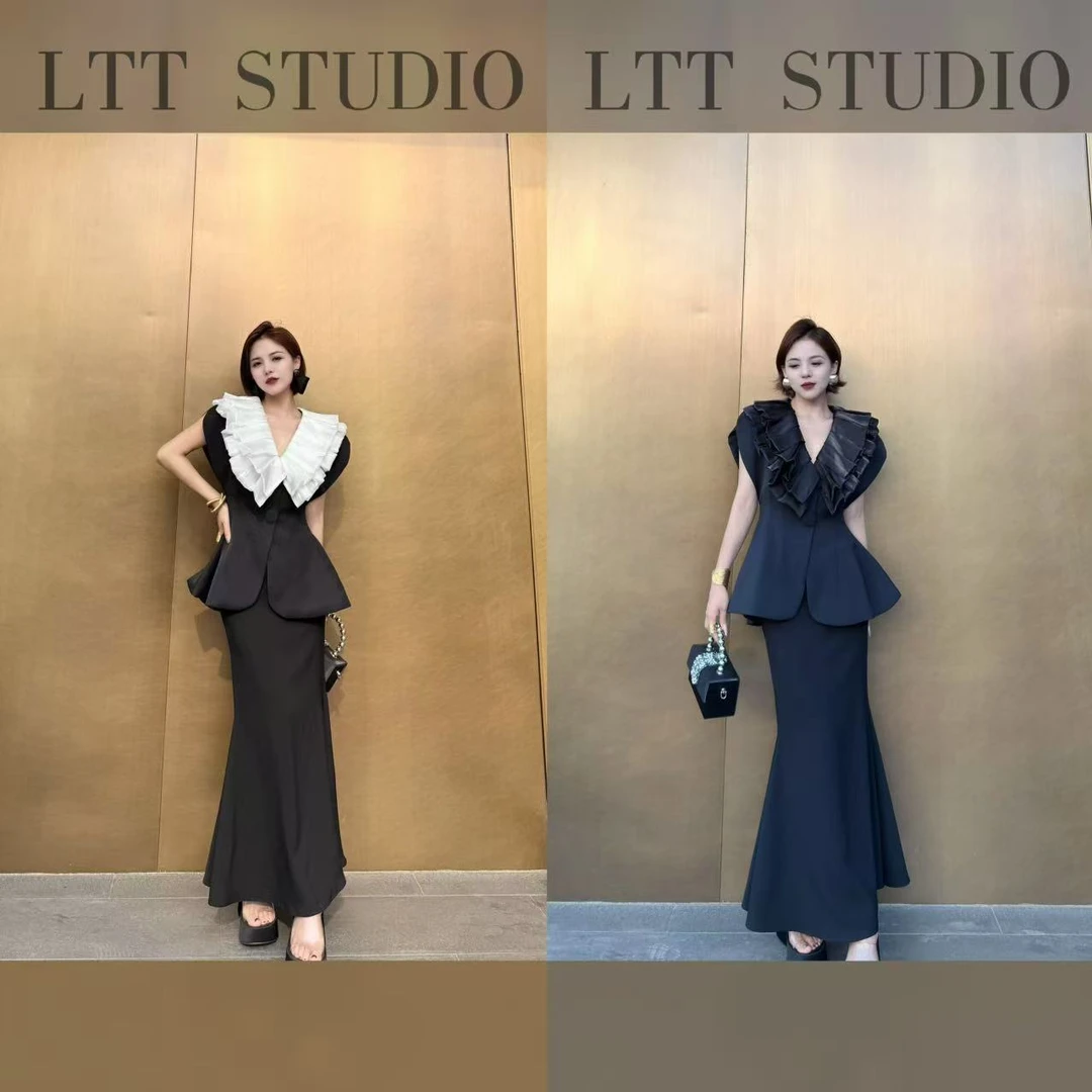 LTT STUDIO- 法式气质V领荷叶边压褶拼接收腰显瘦高级感短款上衣