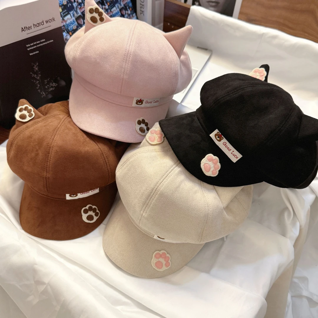 原创y2k可爱卡通猫耳八角帽网红贝雷帽女秋冬百搭显脸小报童帽潮