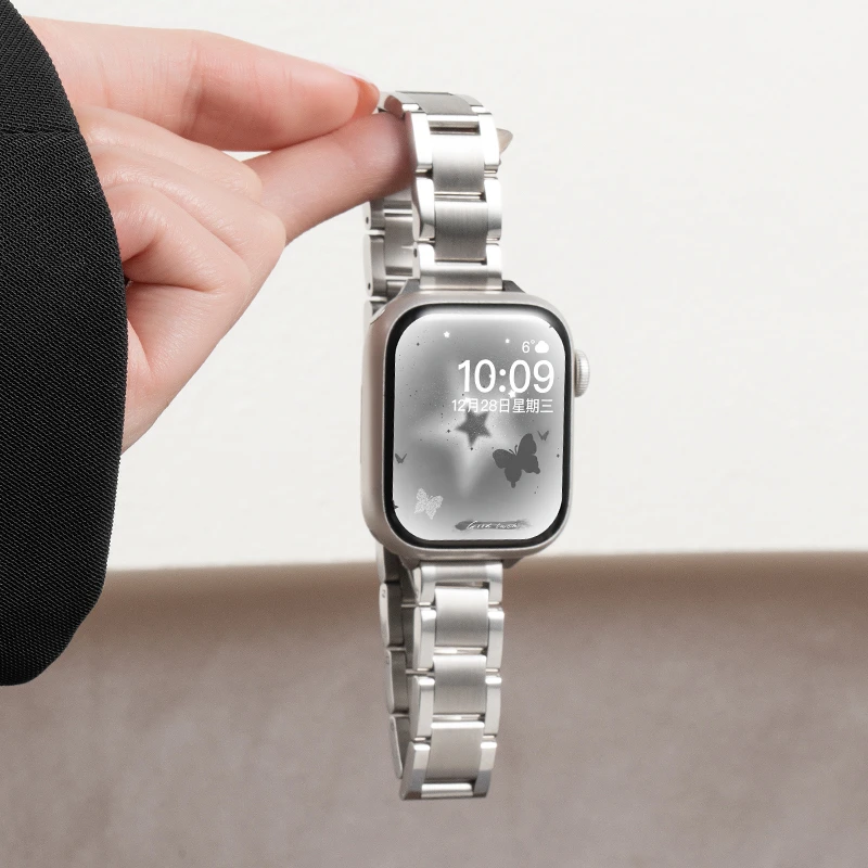 适用iwatch11苹果S10手表表带applewatchS9亮面8小三珠钢带SE夏天