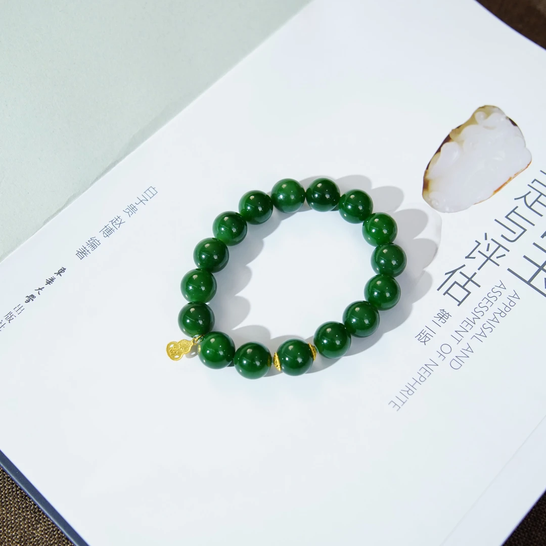 18K天然和田玉俄罗斯碧玉辣绿碧玉手串单圈玉手串12mm配金葫芦