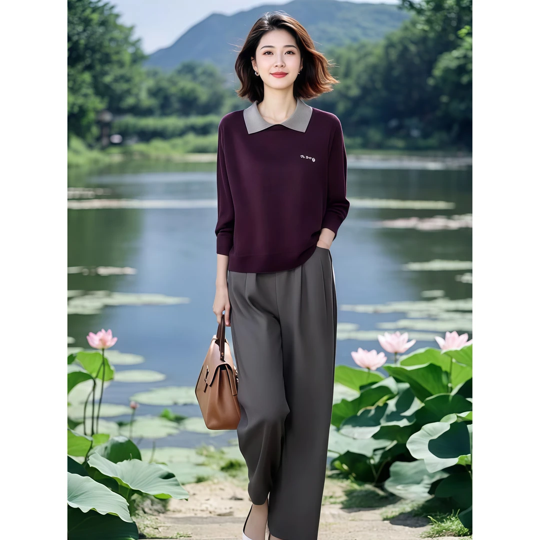 早秋2025新款时尚洋气假两件翻领针织衫高腰直筒休闲裤两件套女装