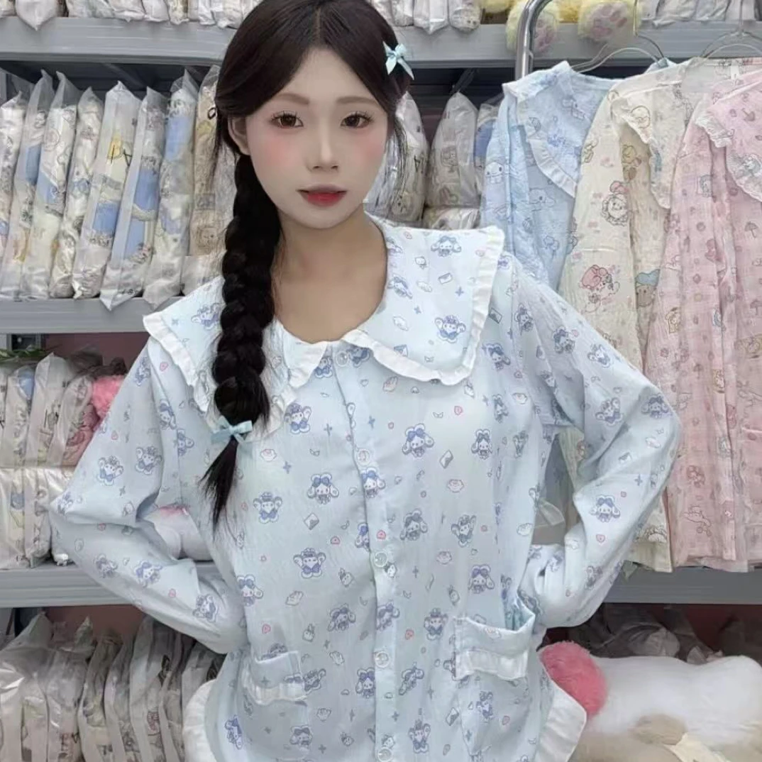 可爱日系ins娃娃领睡衣女秋季带胸垫长袖长裤卡通玉桂狗家居服
