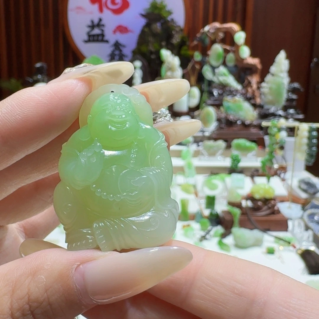 未镶嵌和田玉（翠青玉）挂件翠青弥勒佛