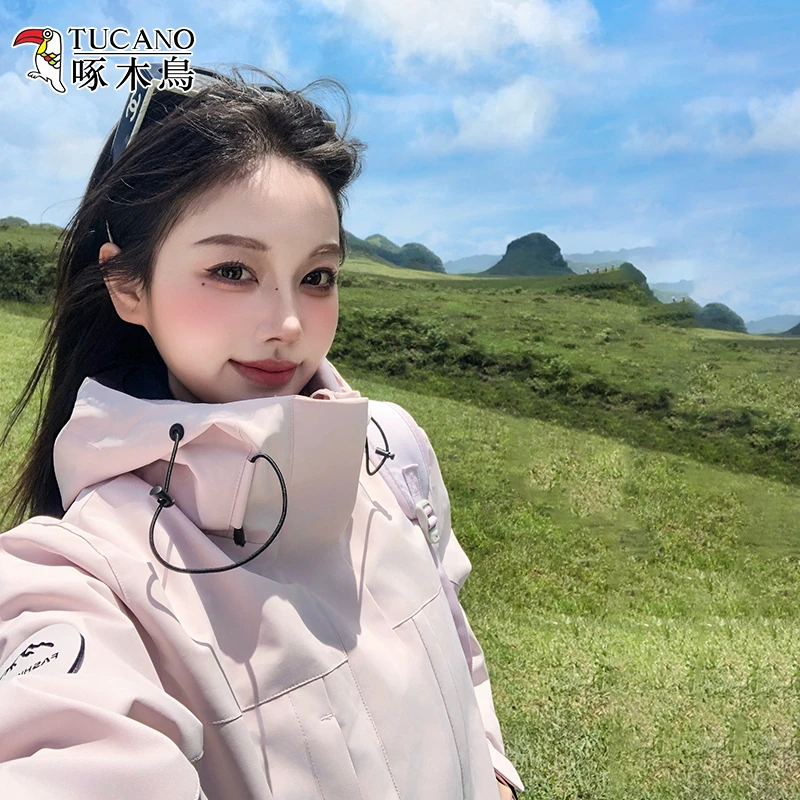 啄木鸟户外冲锋衣女款2025新款小个子防风防水徒步登山三合一外套