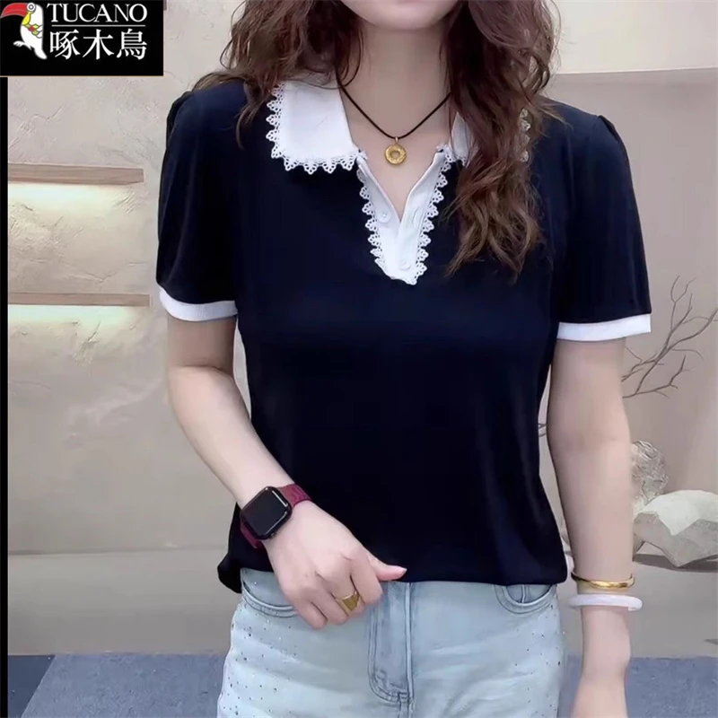 啄木鸟夏季潮流短袖拼接T恤女2025年新款翻领设计感休闲百搭上衣