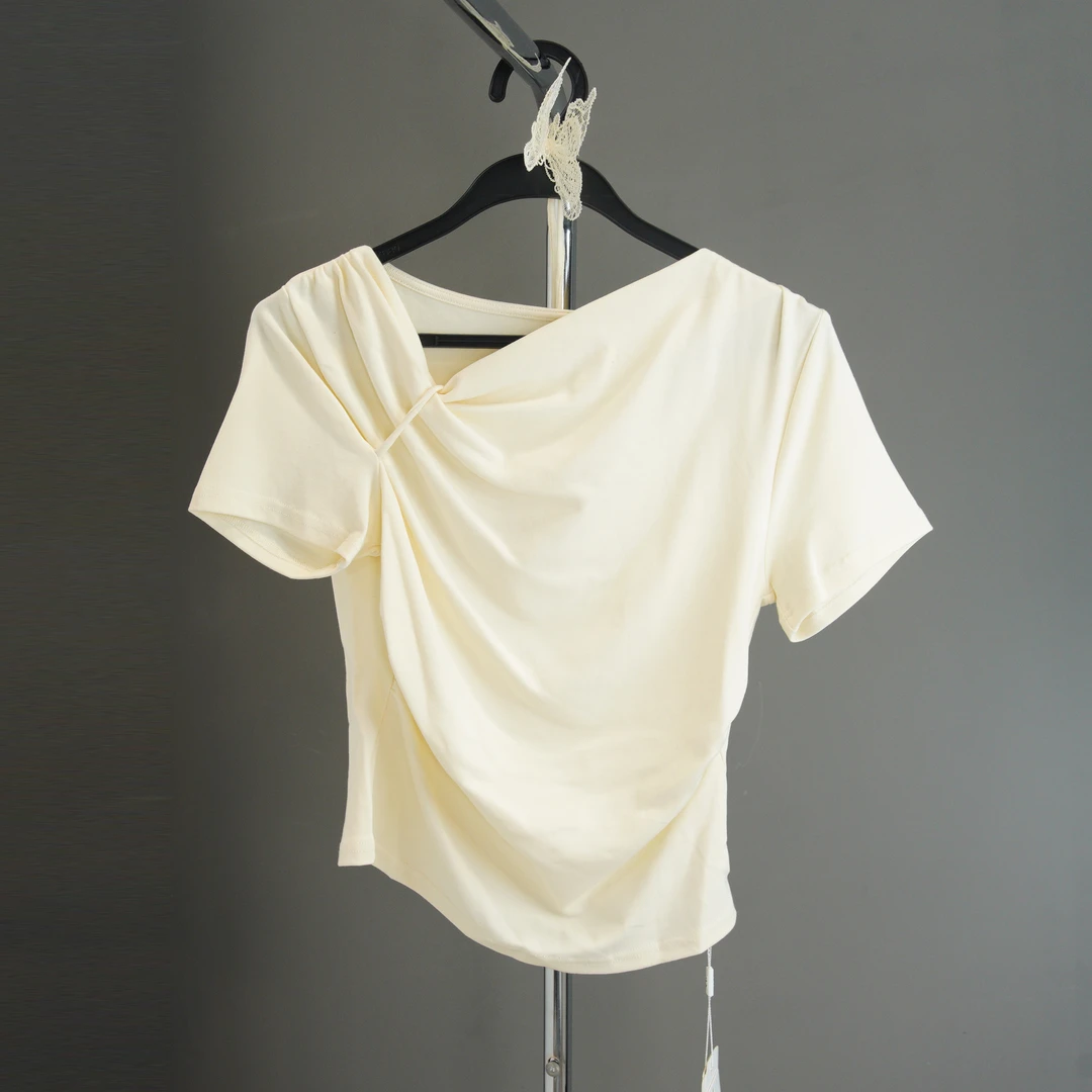 【青苍】不规则设计感蝴蝶结抽褶短袖T恤女