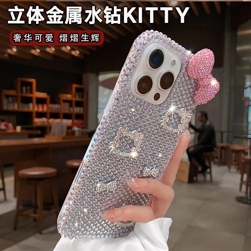 闪钻蝴蝶结适用苹果16promax手机壳2025新款卡通可爱KT猫女硅胶套