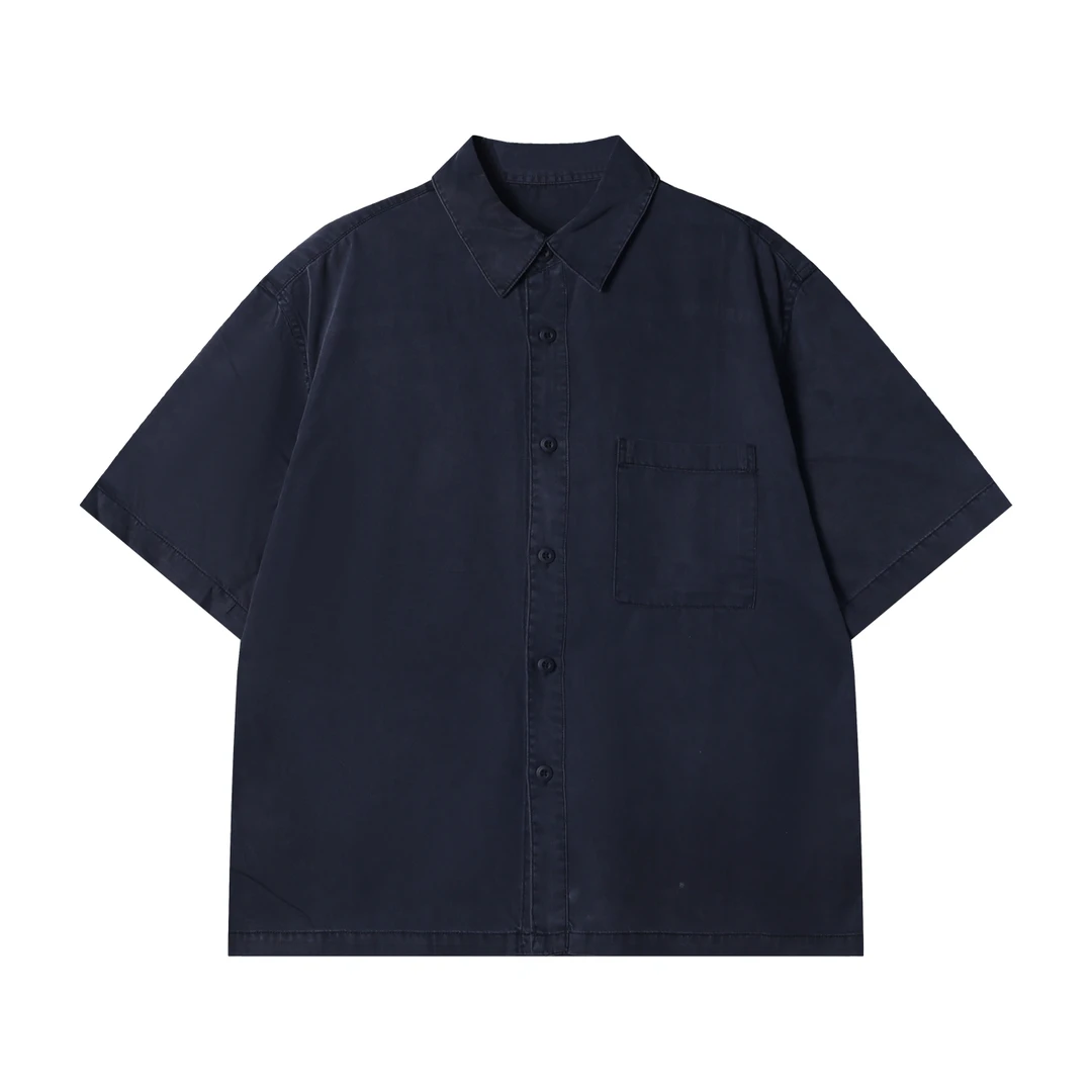 夏季高级感新款潮牌纯色牛仔口袋短袖衬衫经典百搭简约休闲衬衣