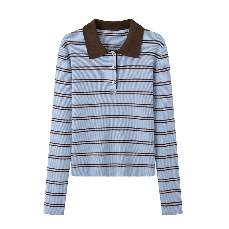 MM商场款2025秋季新款通勤百搭简约POLO领条纹针织衫女5GA331402