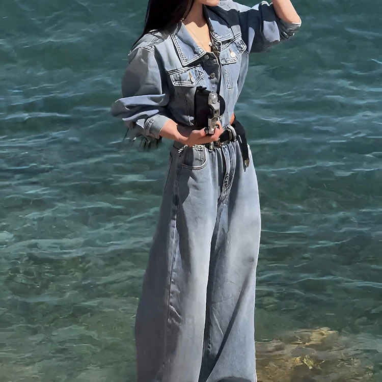 时尚Polo领长袖牛仔连体裤女2025春秋新款美式复古收腰显瘦连身裤