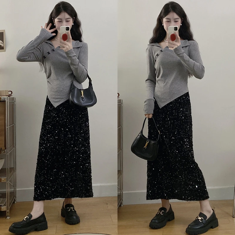 大码胖mm秋冬新款韩版修身显瘦上衣珠片半身裙两件套装女