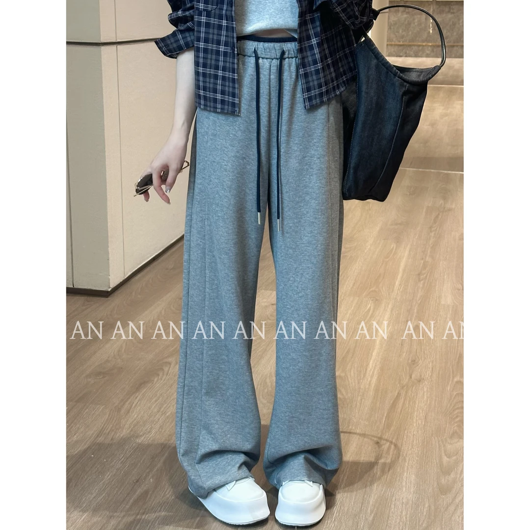 C07273早秋时尚韩版宽松高腰显瘦撞色腰刺绣阔腿卫裤休闲裤