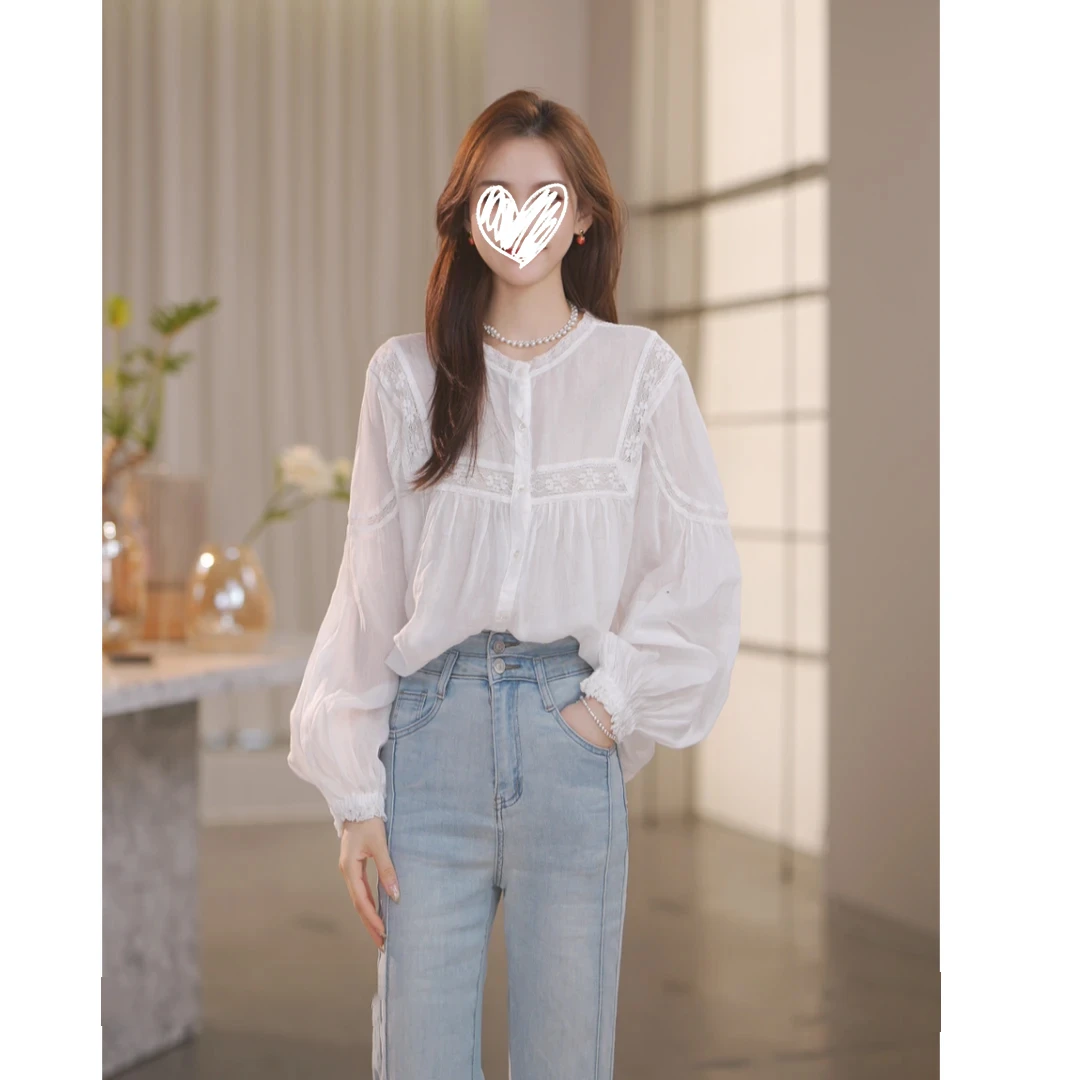 法式2025秋新款蕾丝拼接宽松长袖淑女亚麻衬衫55317