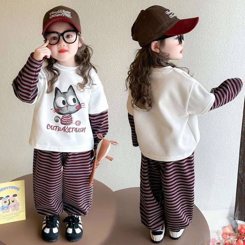 女童秋装套装2025新款儿童洋气卡通假两件女孩条纹卫衣春秋两件套