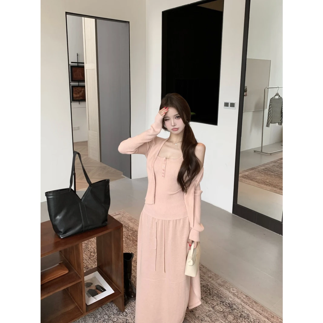 休闲套装慵懒风长袖针织开衫吊带背心女秋季粉色高腰半身裙三件套