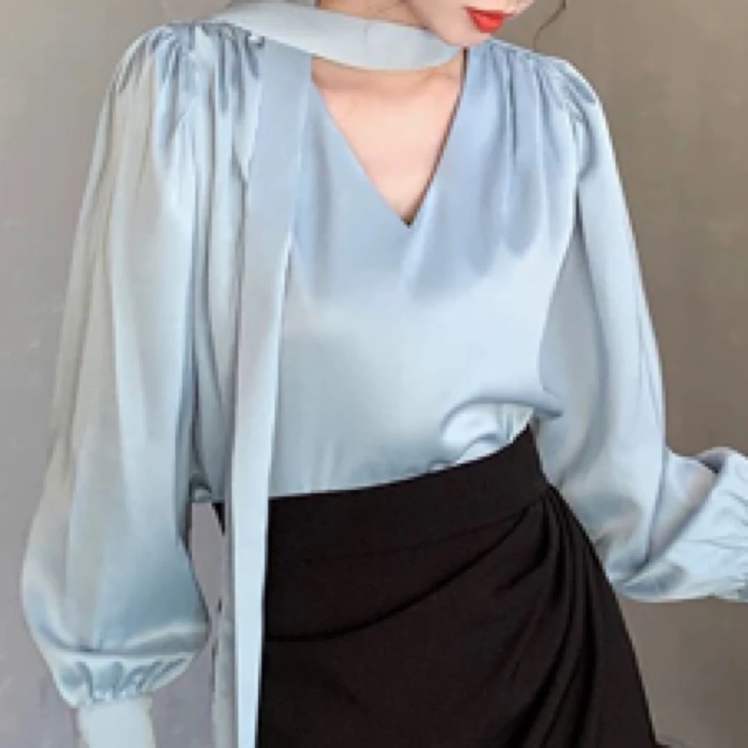 :独立法式高级镂空飘带设计感缎面衬衫女春通勤长袖衬衣